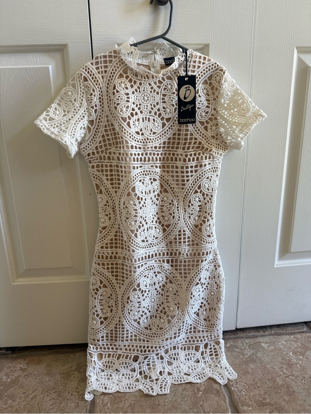 Boohoo Ivory Crochet Lace Short Sleeve Mini Dress